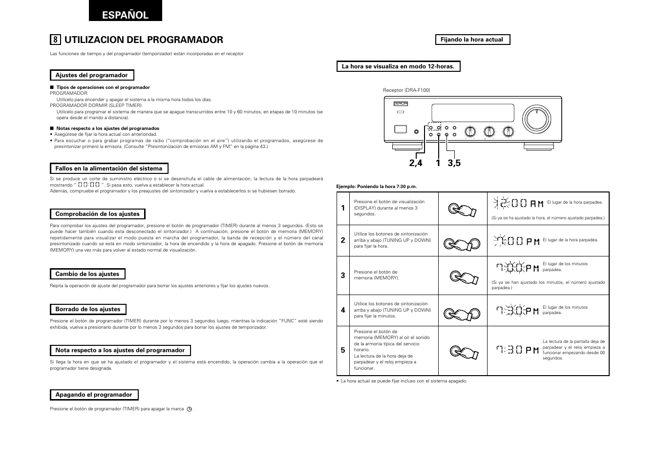 Utilizacion del programador, Español 44, Remote sensor | On / standby | Denon DRA-F100 User Manual | Page 44 / 54