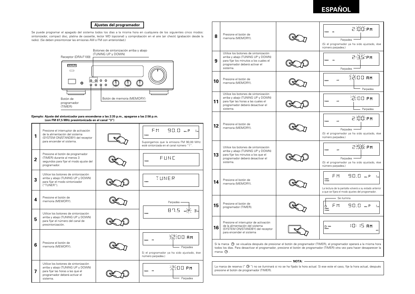 Español 45, Remote sensor, On / standby | Denon DRA-F100 User Manual | Page 45 / 54