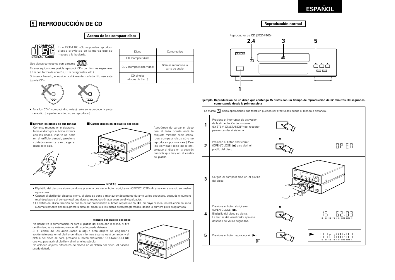 Reproducción de cd, Español 47, Bmhz tuned stere o auto ch timer b | On / standby | Denon DRA-F100 User Manual | Page 47 / 54