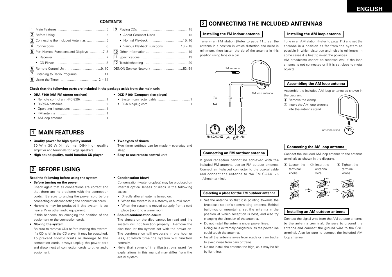 English, Main features, Before using | Connecting the included antennas, 5english | Denon DRA-F100 User Manual | Page 5 / 54