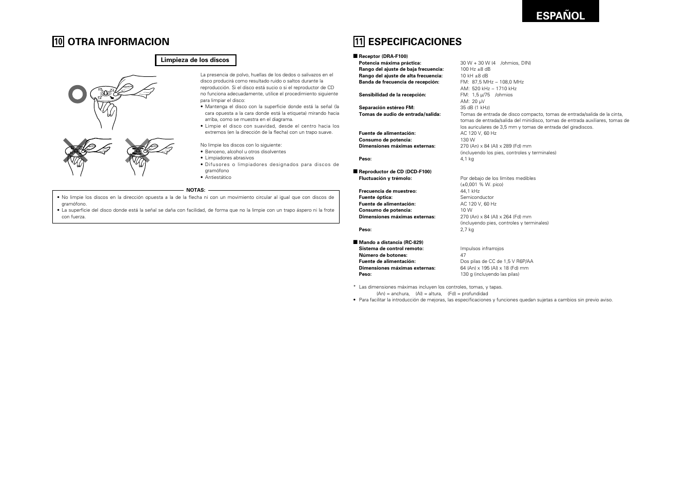 Otra informacion, Especificaciones, Español 51 | Denon DRA-F100 User Manual | Page 51 / 54