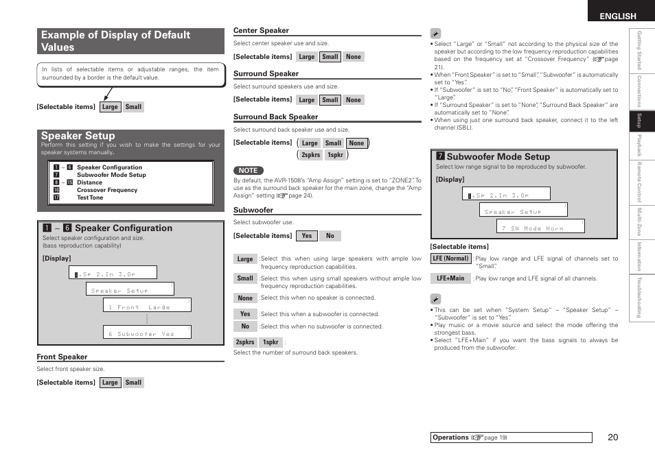 Example of display of default values, Speaker setup, Jsubwoofer mode setup | A~ h speaker confi guration | Denon AVR-1508 User Manual | Page 23 / 62