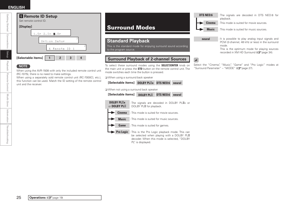 Surround modes, Standard playback, Hremote id setup | Surround playback of 2-channel sources | Denon AVR-1508 User Manual | Page 28 / 62