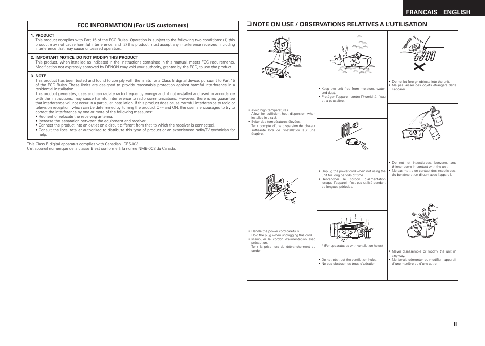 English francais, Fcc information (for us customers) | Denon AVR-1508 User Manual | Page 3 / 62