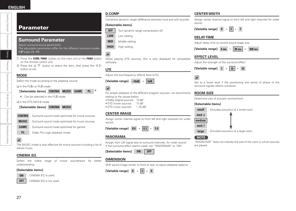 Parameter, Surround parameter | Denon AVR-1508 User Manual | Page 30 / 62