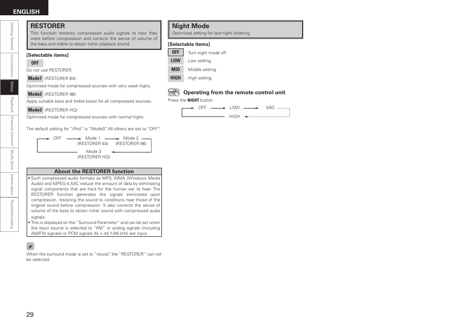 Night mode, Restorer, English | Denon AVR-1508 User Manual | Page 32 / 62