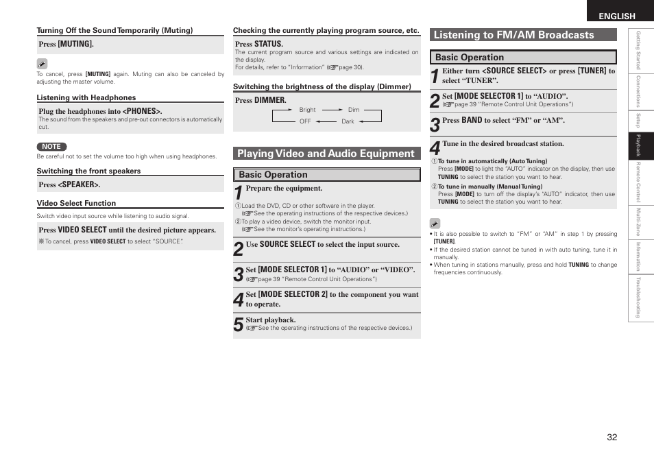 Playing video and audio equipment, Listening to fm/am broadcasts | Denon AVR-1508 User Manual | Page 35 / 62