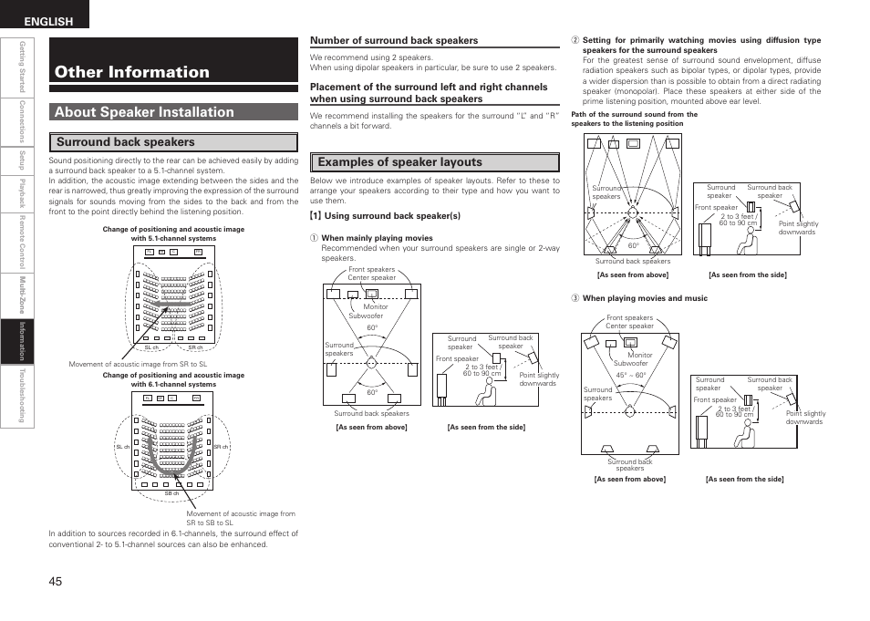 Other information, About speaker installation, Surround back speakers | Examples of speaker layouts, English, Number of surround back speakers | Denon AVR-1508 User Manual | Page 48 / 62