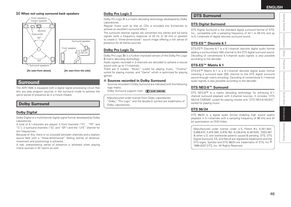 Surround, Dolby surround, Dts surround | English | Denon AVR-1508 User Manual | Page 49 / 62
