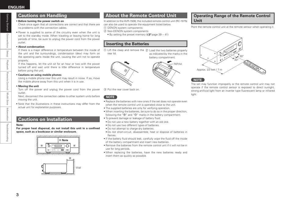 About the remote control unit, Cautions on handling cautions on installation, Inserting the batteries | Operating range of the remote control unit, English | Denon AVR-1508 User Manual | Page 6 / 62