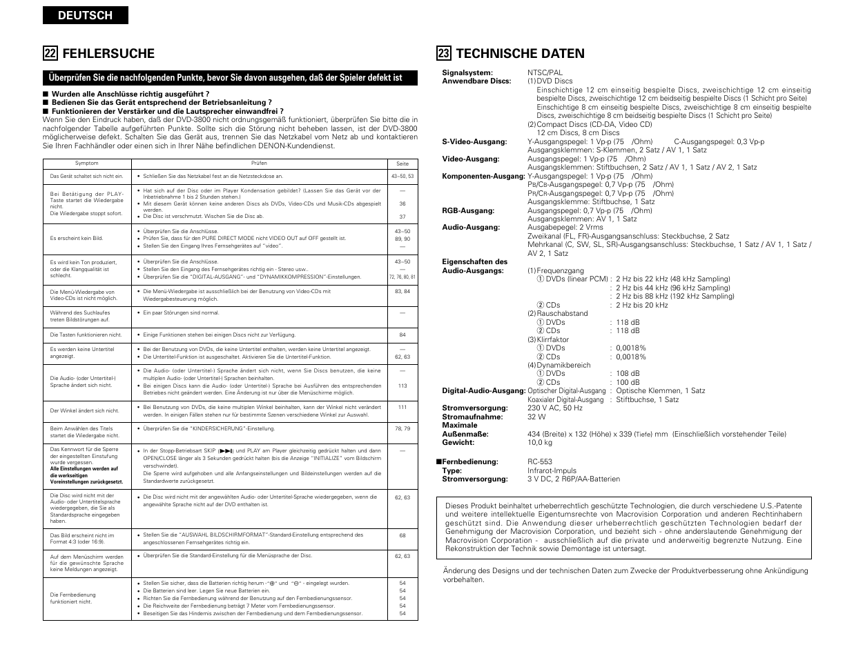 Fehlersuche, Technische daten, Deutsch | Denon DVD-3800 User Manual | Page 107 / 109