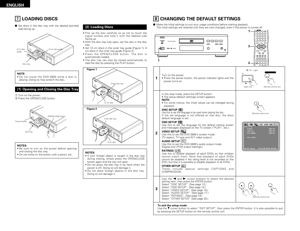 Loading discs, Changing the default settings | Denon DVD-3800 User Manual | Page 12 / 109