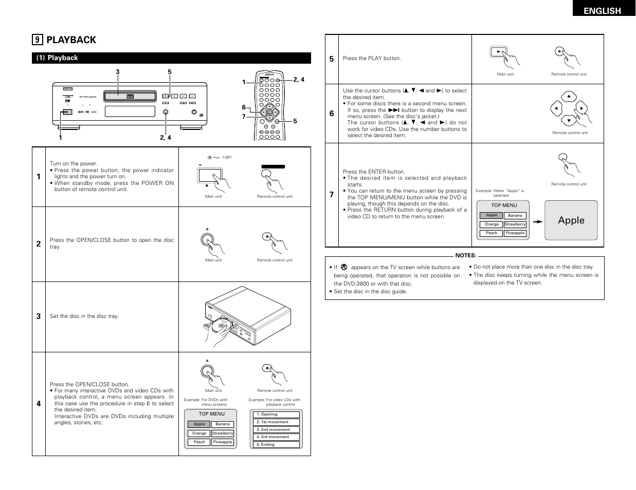 Playback, Prog / dir v.s.s. clear menu, Apple | Denon DVD-3800 User Manual | Page 21 / 109