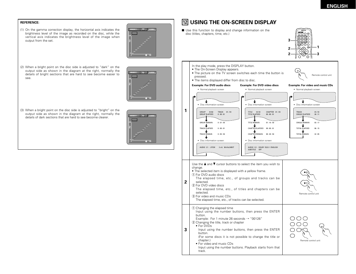 Using the on-screen display, Prog / dir v.s.s. clear menu, English | Denon DVD-3800 User Manual | Page 25 / 109