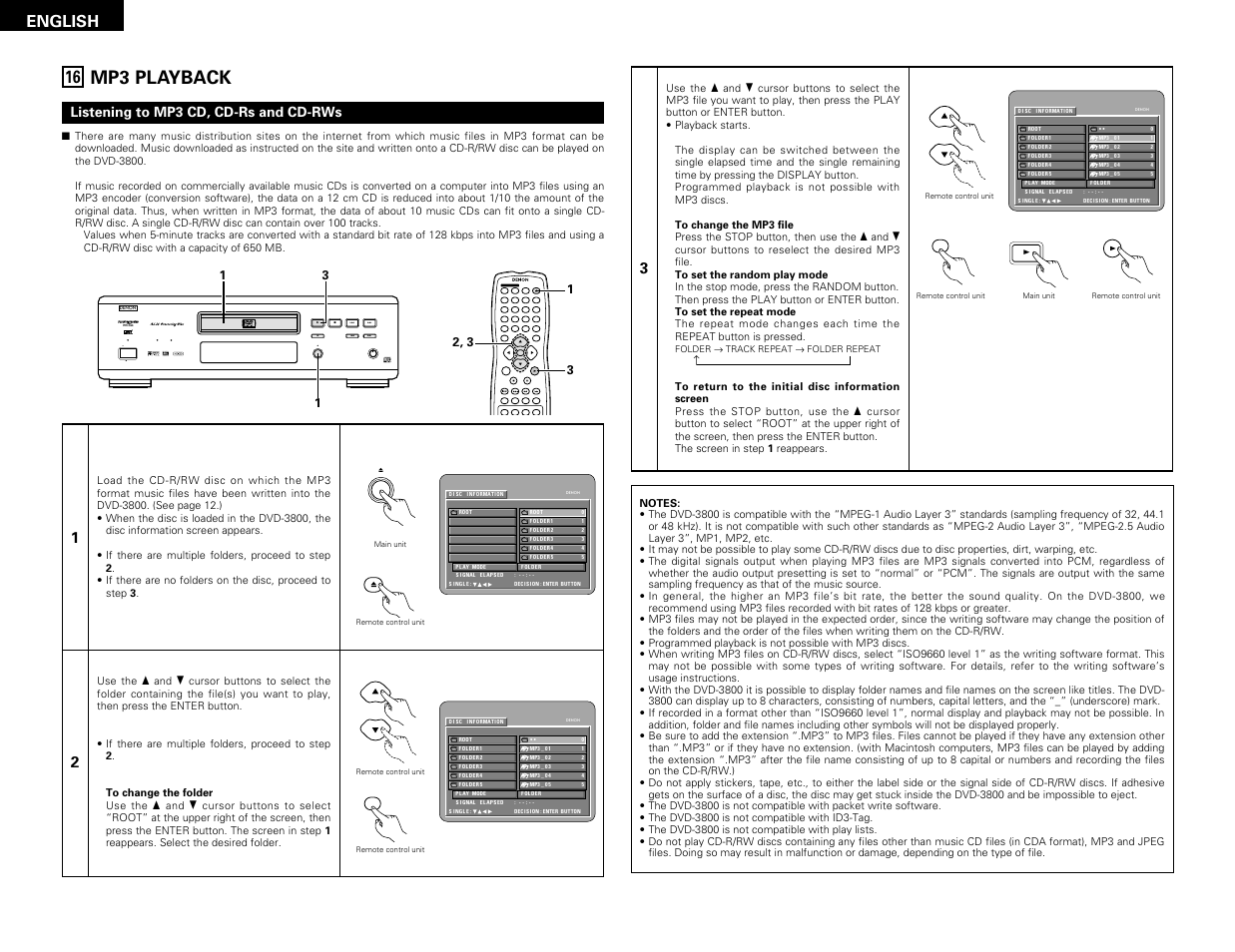 Mp3 playback, Prog / dir v.s.s. clear menu, English | Denon DVD-3800 User Manual | Page 28 / 109