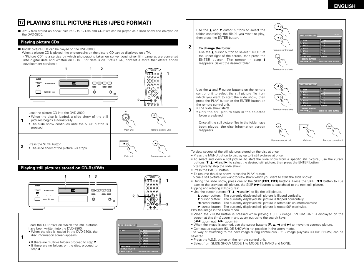 Playing still picture files (jpeg format), Prog / dir v.s.s. clear menu, English | Denon DVD-3800 User Manual | Page 29 / 109
