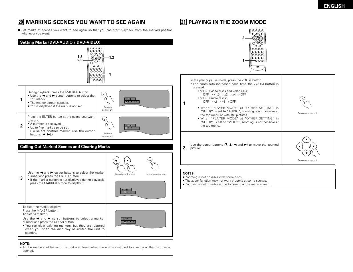 Marking scenes you want to see again, Playing in the zoom mode | Denon DVD-3800 User Manual | Page 33 / 109