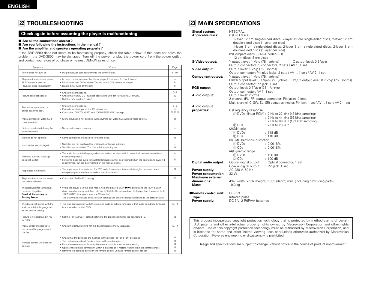 Troubleshooting, Main specifications, English | Denon DVD-3800 User Manual | Page 34 / 109