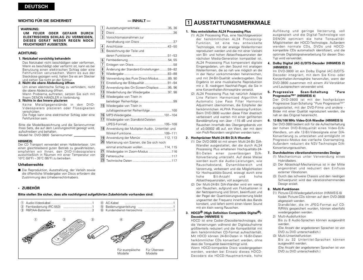 Deutsch, Ausstattungsmerkmale | Denon DVD-3800 User Manual | Page 35 / 109
