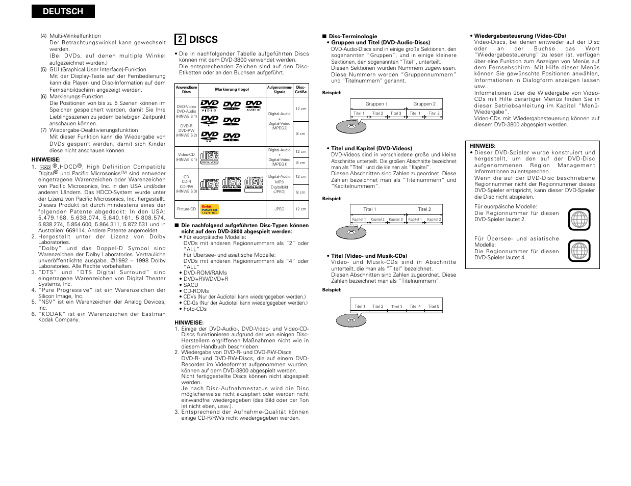Discs, Deutsch | Denon DVD-3800 User Manual | Page 36 / 109
