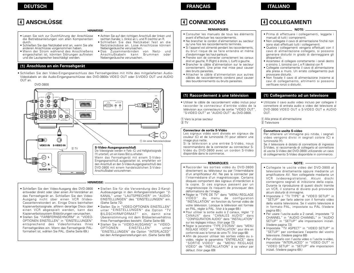 Anschlüsse, Connexions, Collegamenti | Deutsch français italiano | Denon DVD-3800 User Manual | Page 38 / 109