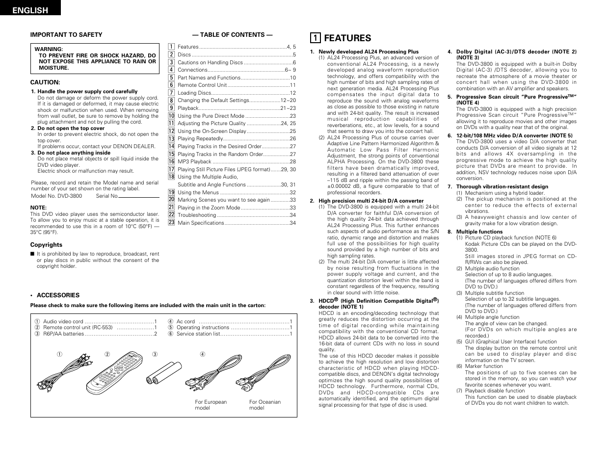 English, Features | Denon DVD-3800 User Manual | Page 4 / 109
