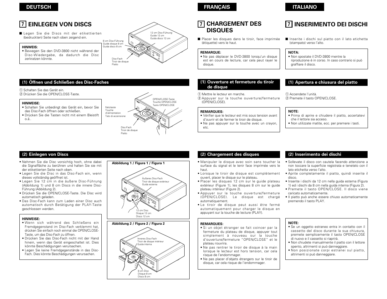 Einlegen von discs, Chargement des disques, Inserimento dei dischi | Deutsch français italiano | Denon DVD-3800 User Manual | Page 50 / 109