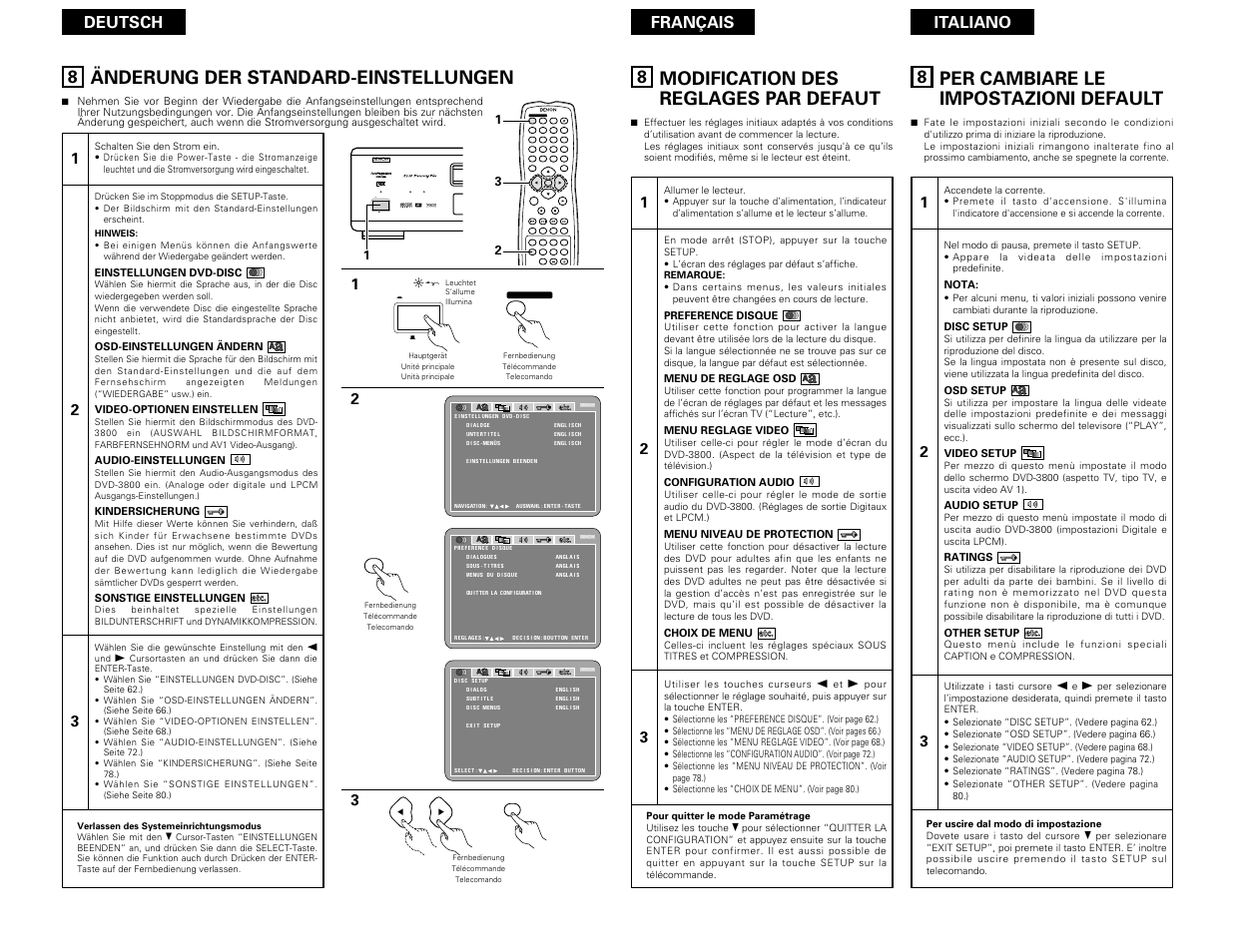 Änderung der standard-einstellungen, Remote s dvd audio ¢ on / standby £ off, Al24 plus | Modification des reglages par defaut, Per cambiare le impostazioni default, Deutsch français italiano | Denon DVD-3800 User Manual | Page 51 / 109