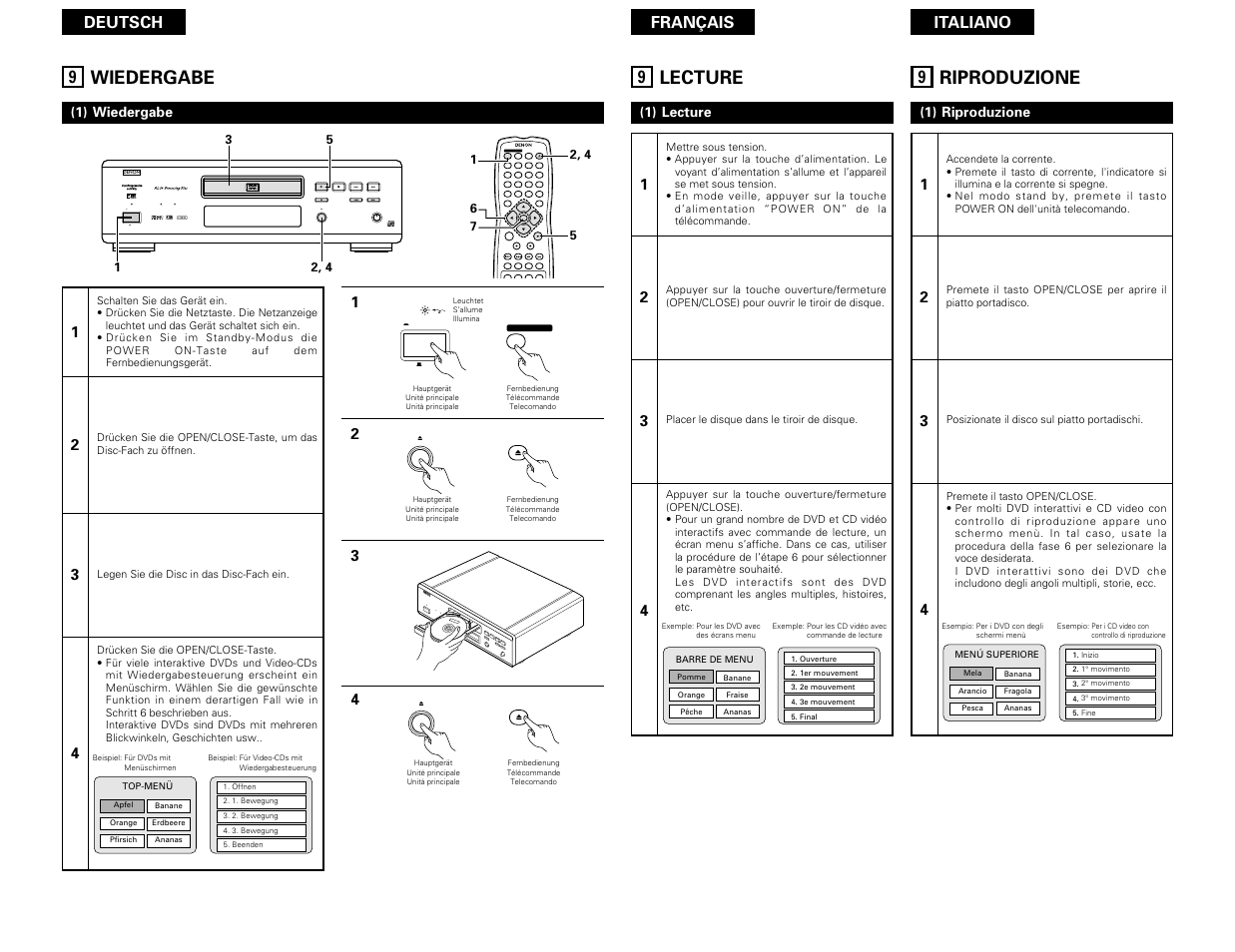 Wiedergabe, Prog / dir v.s.s. clear menu, Lecture | Riproduzione | Denon DVD-3800 User Manual | Page 73 / 109