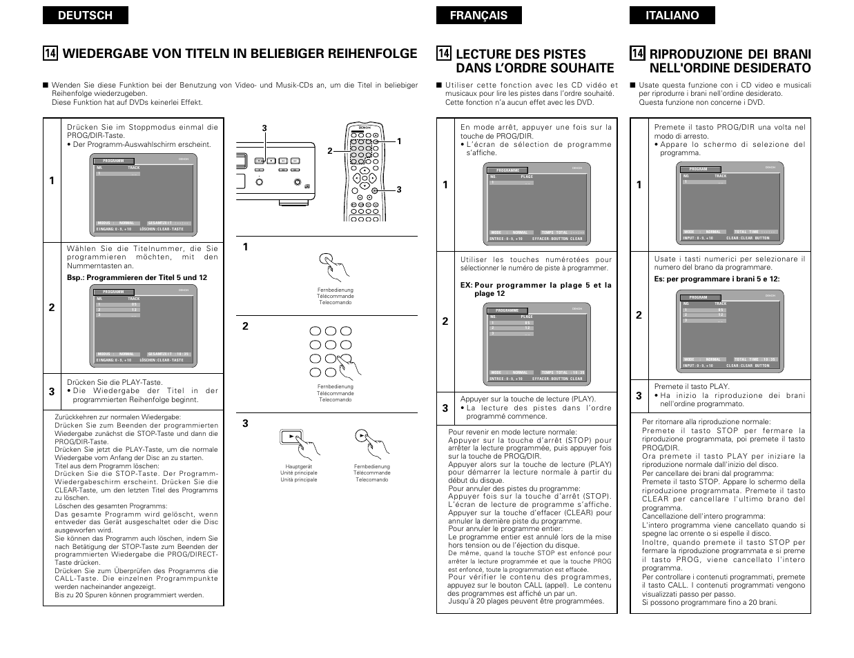Wiedergabe von titeln in beliebiger reihenfolge, Prog / dir v.s.s. clear menu, Lecture des pistes dans l’ordre souhaite | Riproduzione dei brani nell'ordine desiderato, Deutsch français italiano | Denon DVD-3800 User Manual | Page 89 / 109