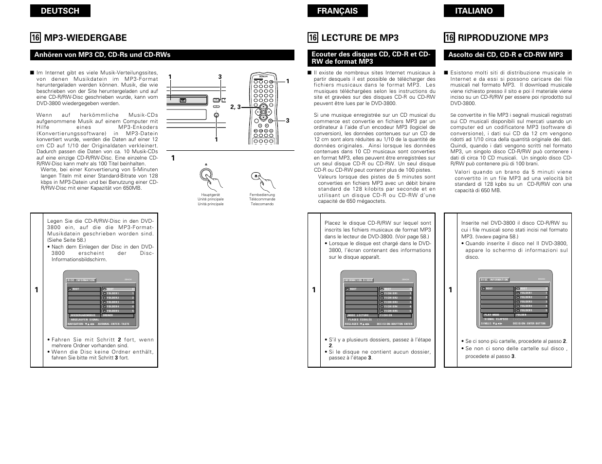 Mp3-wiedergabe, Lecture de mp3, Riproduzione mp3 | Deutsch français italiano | Denon DVD-3800 User Manual | Page 91 / 109