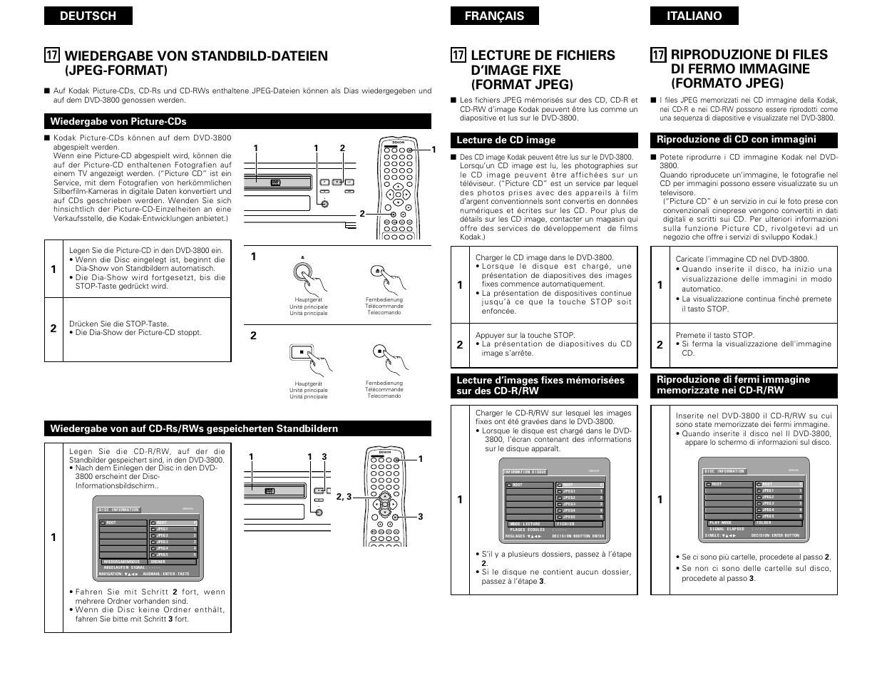 Wiedergabe von standbild-dateien (jpeg-format), Prog / dir v.s.s. clear menu, Lecture de fichiers d’image fixe (format jpeg) | Denon DVD-3800 User Manual | Page 95 / 109