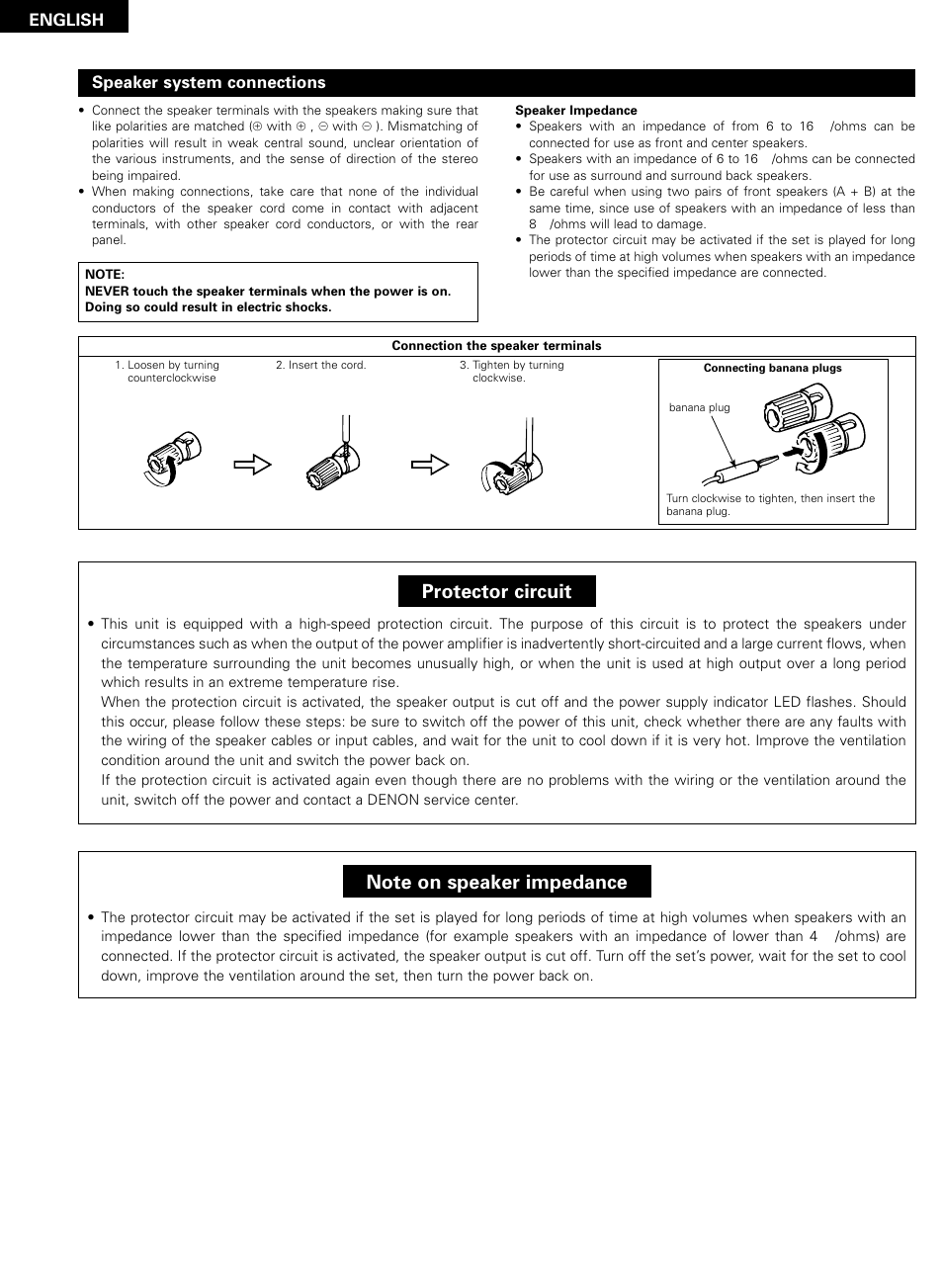 Protector circuit, English, Speaker system connections | Denon AVR-2802/982 User Manual | Page 12 / 73