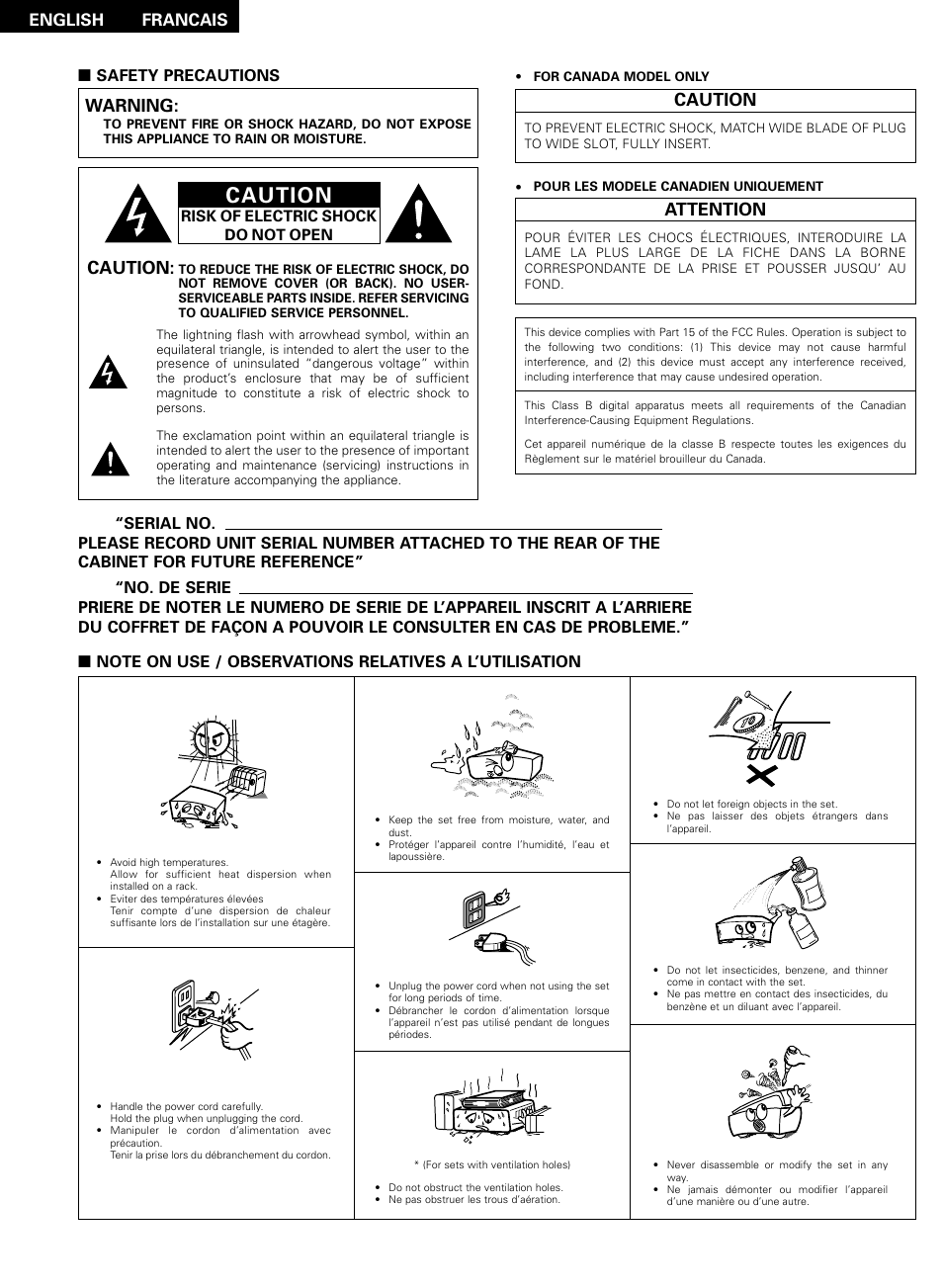 Note on use, Caution, Attention | Warning, English, Francais | Denon AVR-2802/982 User Manual | Page 2 / 73