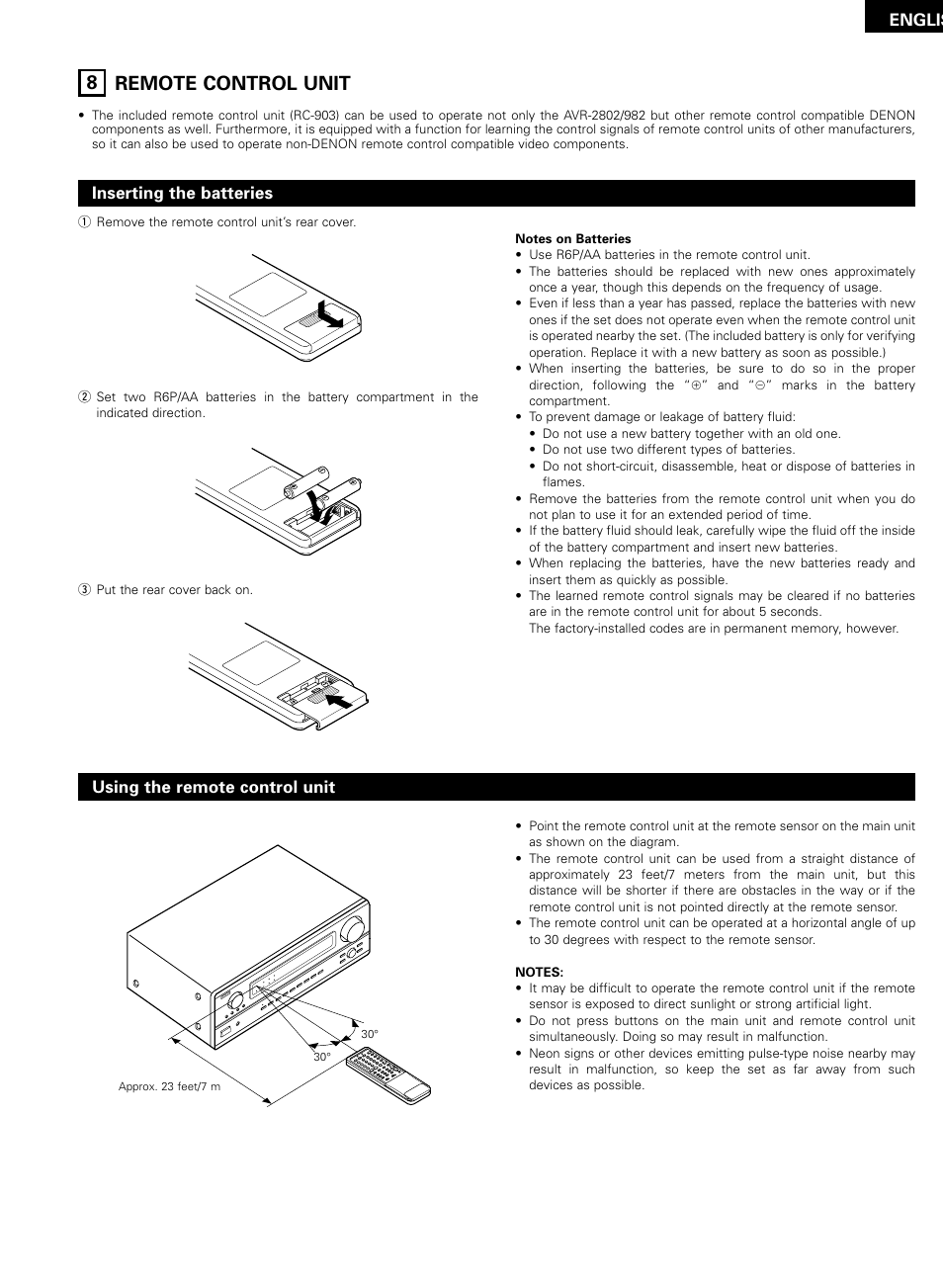 Remote control unit, 27 8 remote control unit, Englis | Inserting the batteries, Using the remote control unit | Denon AVR-2802/982 User Manual | Page 27 / 73