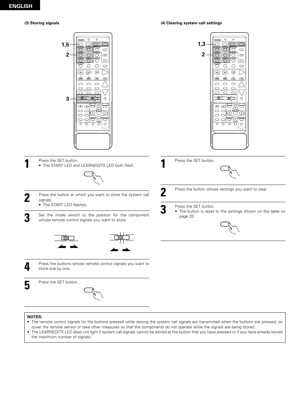 English, Press the set button, Press the button whose settings you want to clear | Denon AVR-2802/982 User Manual | Page 34 / 73