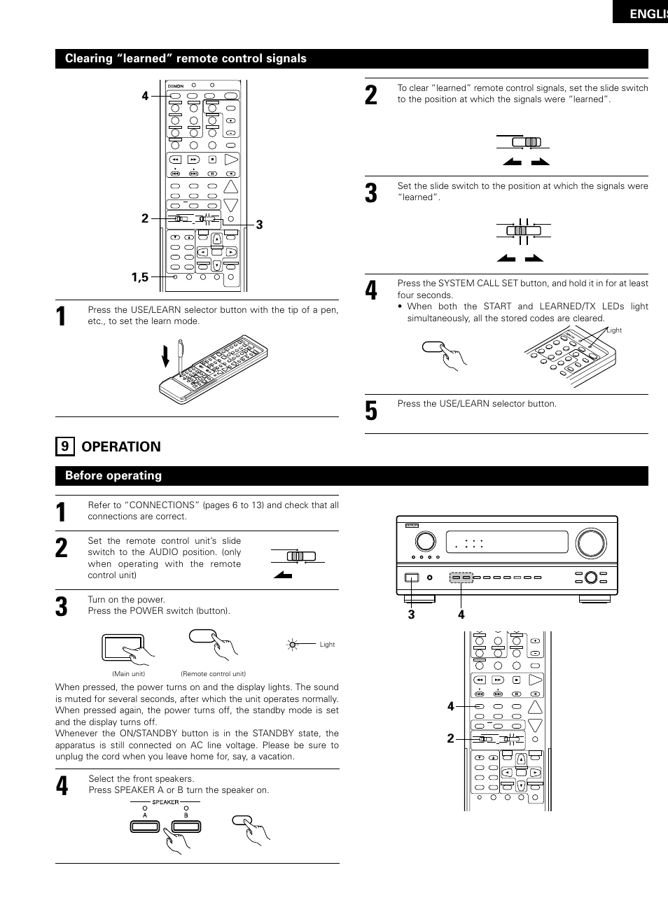 Operation, 9 operation, Englis | Clearing “learned” remote control signals, Before operating, Press the use/learn selector button, Turn on the power. press the power switch (button) | Denon AVR-2802/982 User Manual | Page 35 / 73