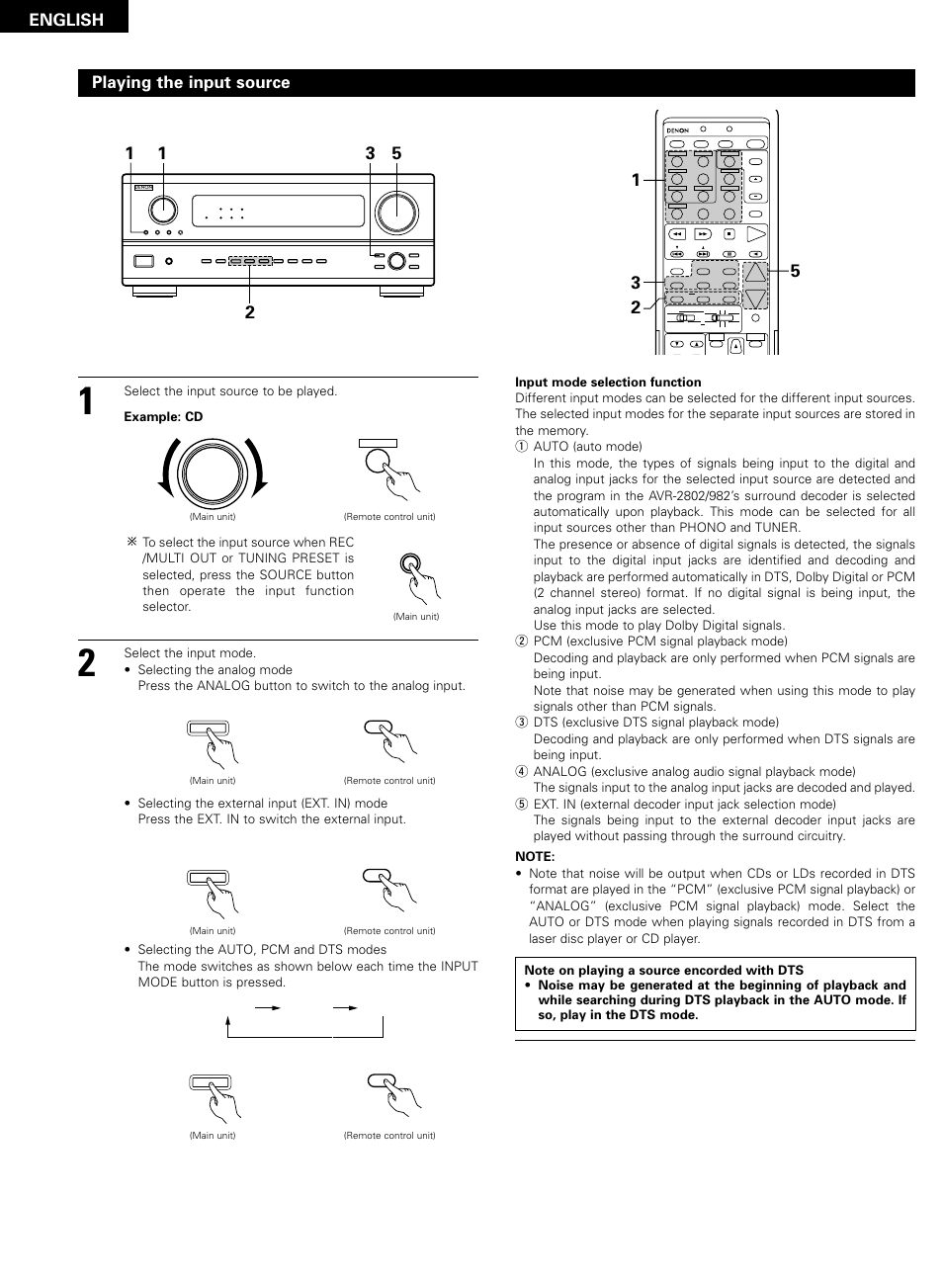 English, Playing the input source, Select the input source to be played | Example: cd, Auto pcm dts | Denon AVR-2802/982 User Manual | Page 36 / 73