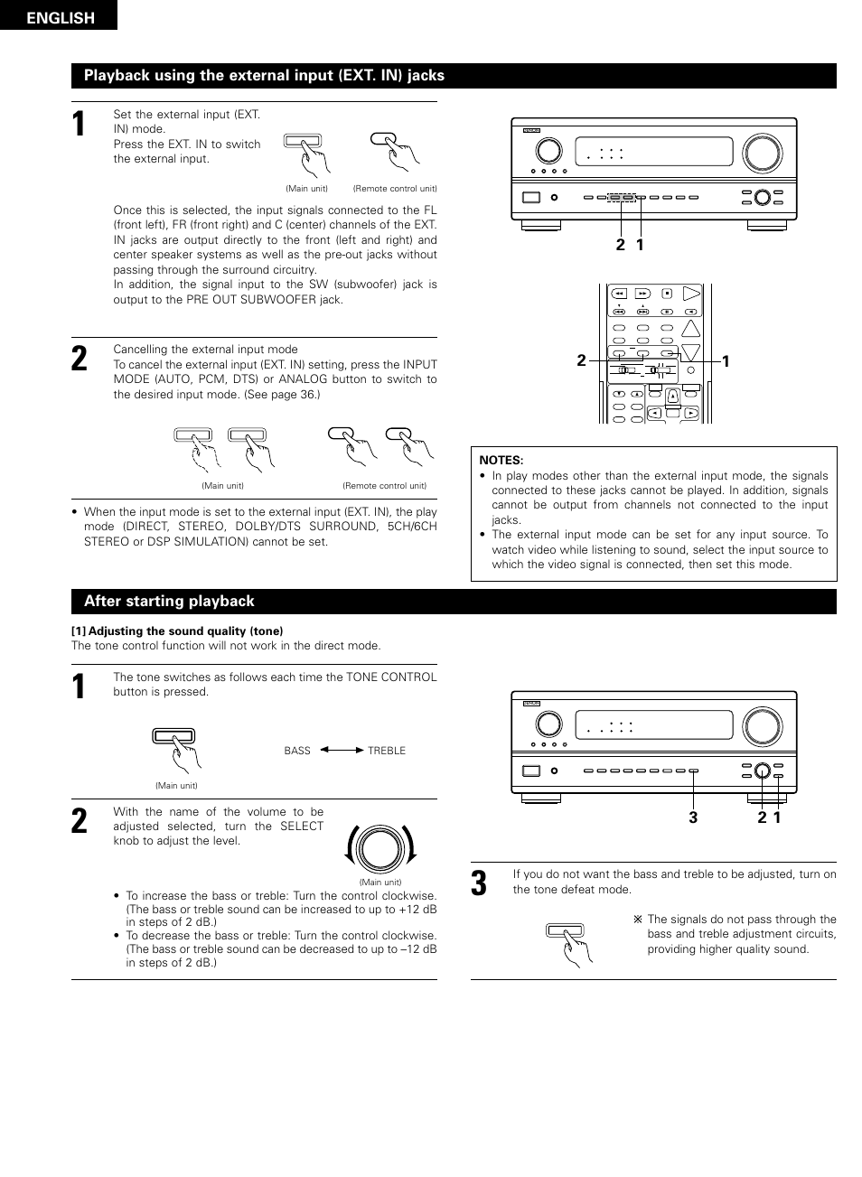 English, Playback using the external input (ext. in) jacks, After starting playback | Denon AVR-2802/982 User Manual | Page 38 / 73