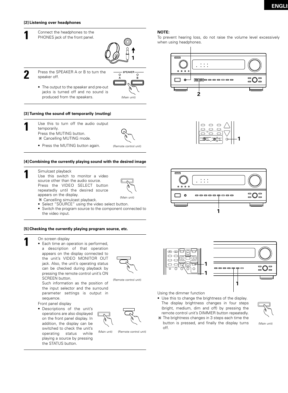 Englis, Volume level digital pcm signal digital input | Denon AVR-2802/982 User Manual | Page 39 / 73