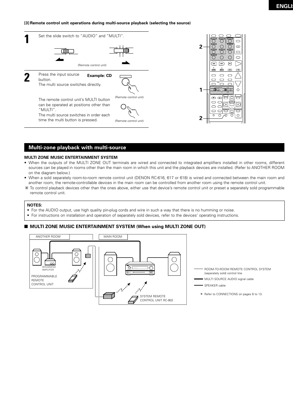 Englis, Multi-zone playback with multi-source, Set the slide switch to “audio” and “multi | Example: cd | Denon AVR-2802/982 User Manual | Page 41 / 73