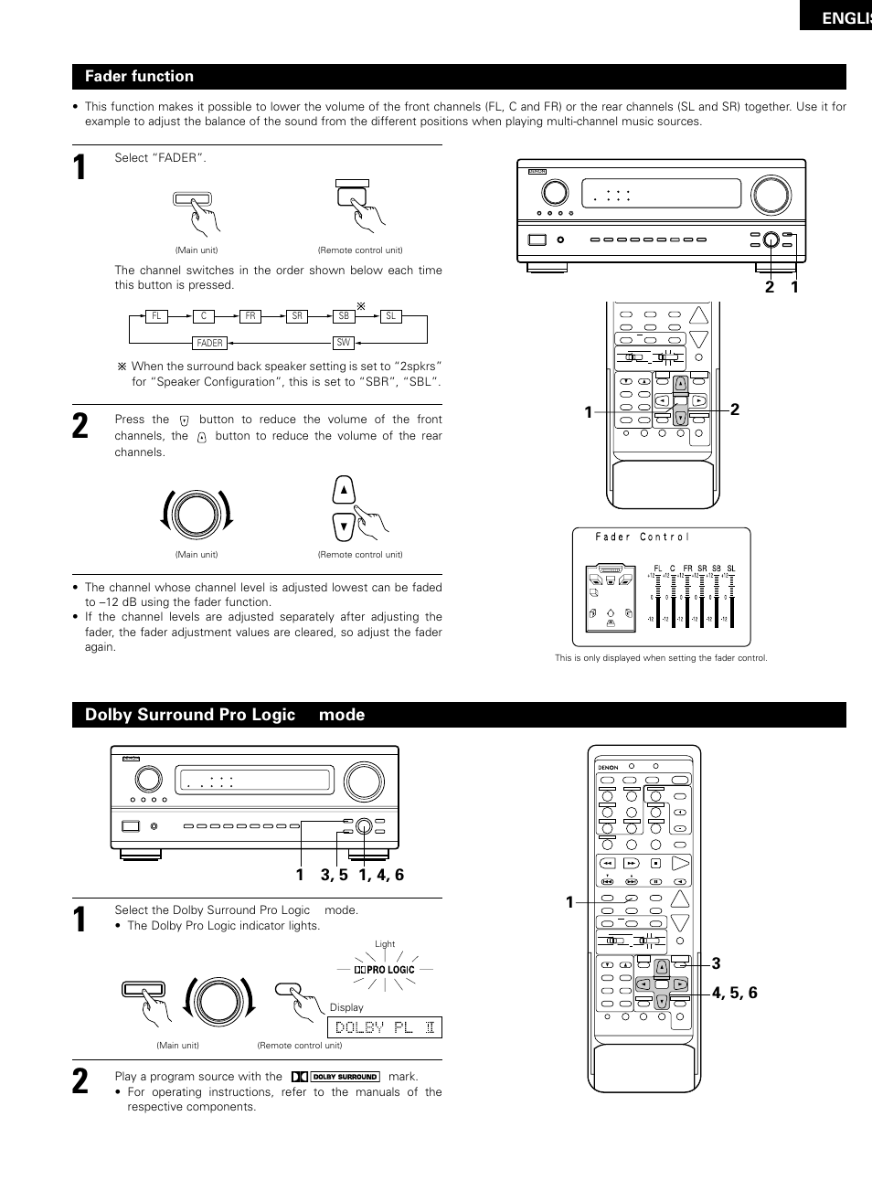 Dolby surround pro logic, Mode, Englis | Fader function, Select “fader, Display | Denon AVR-2802/982 User Manual | Page 43 / 73