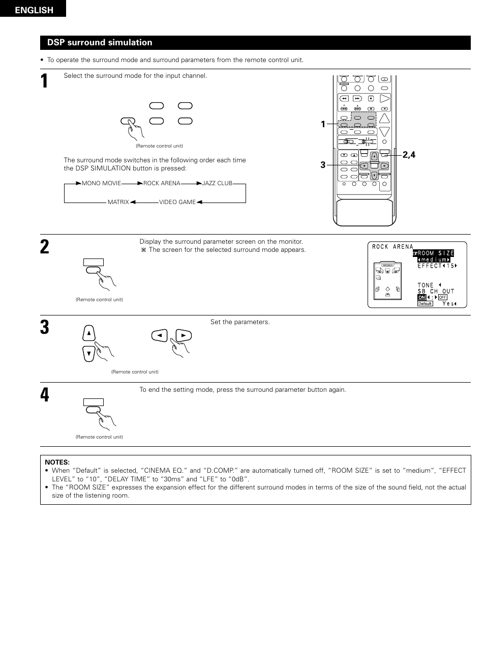 English, Dsp surround simulation, Set the parameters | Denon AVR-2802/982 User Manual | Page 48 / 73