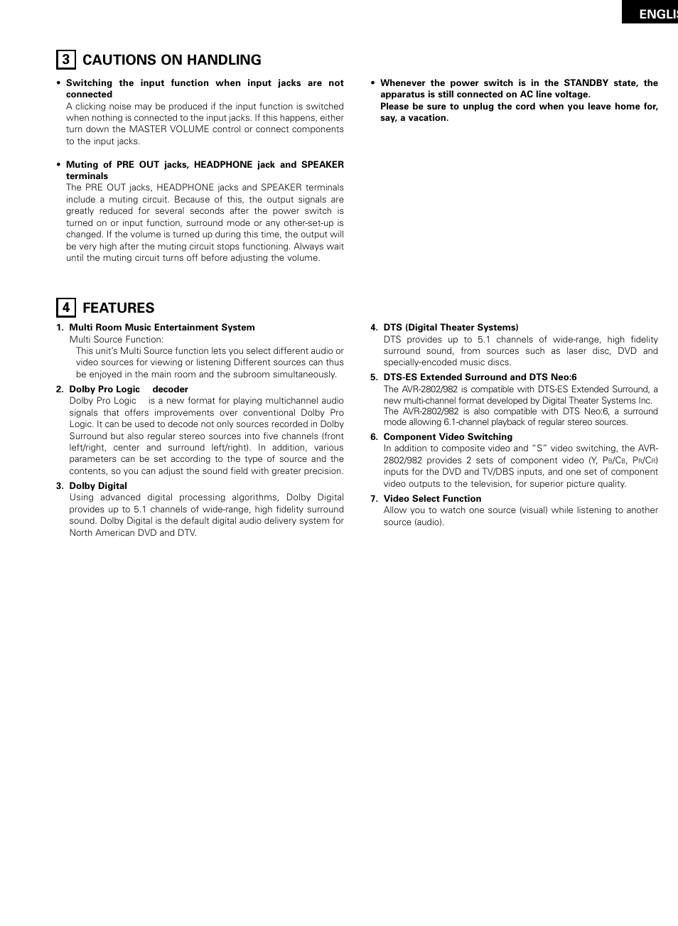 Cautions on handling, Features, 53 cautions on handling 4 features | Englis | Denon AVR-2802/982 User Manual | Page 5 / 73