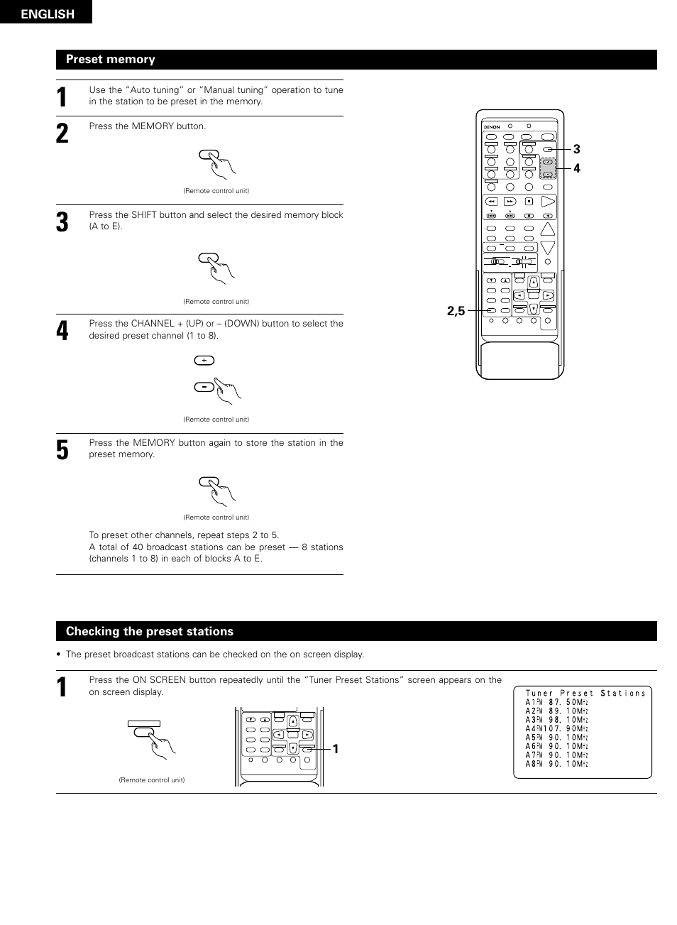 English, Checking the preset stations | Denon AVR-2802/982 User Manual | Page 54 / 73