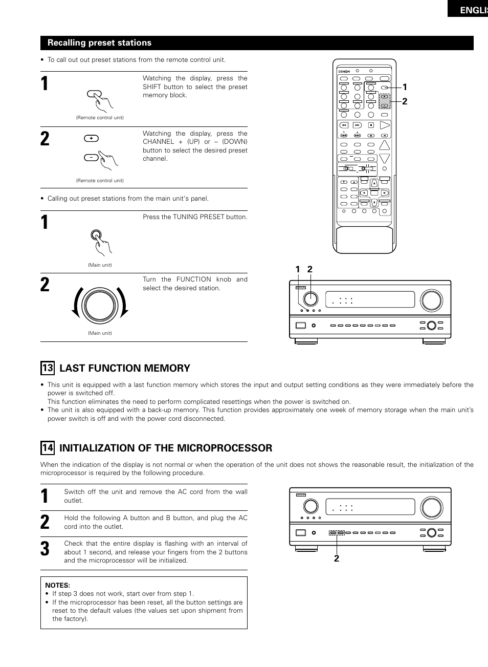 Last function memory, Initialization of the microprocessor, 14 initialization of the microprocessor | Englis, Recalling preset stations, Press the tuning preset button | Denon AVR-2802/982 User Manual | Page 55 / 73