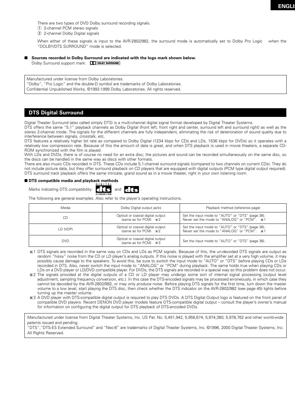 Englis, Dts digital surround | Denon AVR-2802/982 User Manual | Page 61 / 73