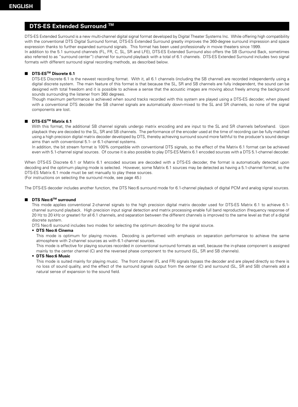 Dts-es extended surround, English | Denon AVR-2802/982 User Manual | Page 62 / 73