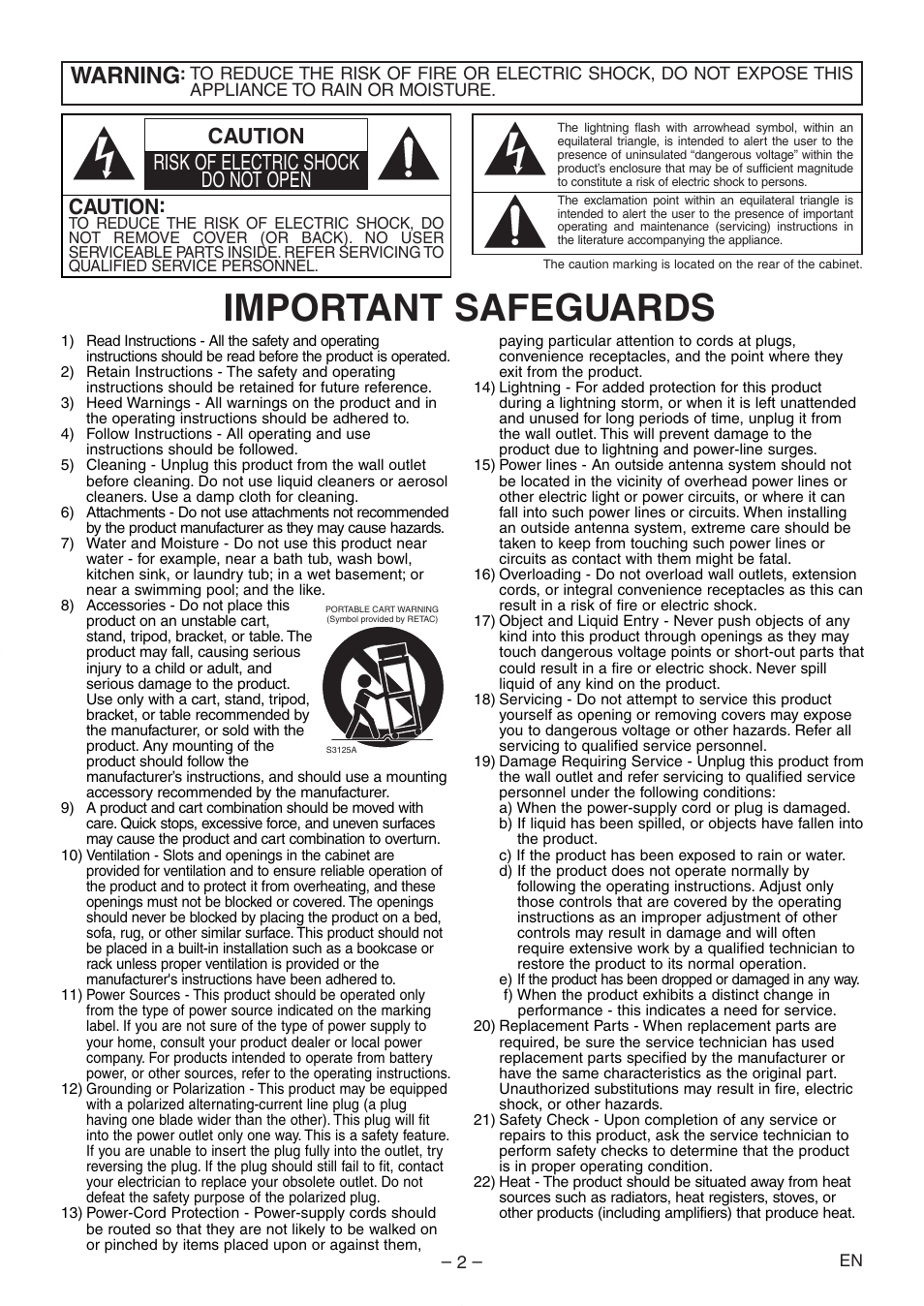 Important safeguards, Warning, Caution | Caution risk of electric shock do not open | Denon DVD-558 User Manual | Page 2 / 29