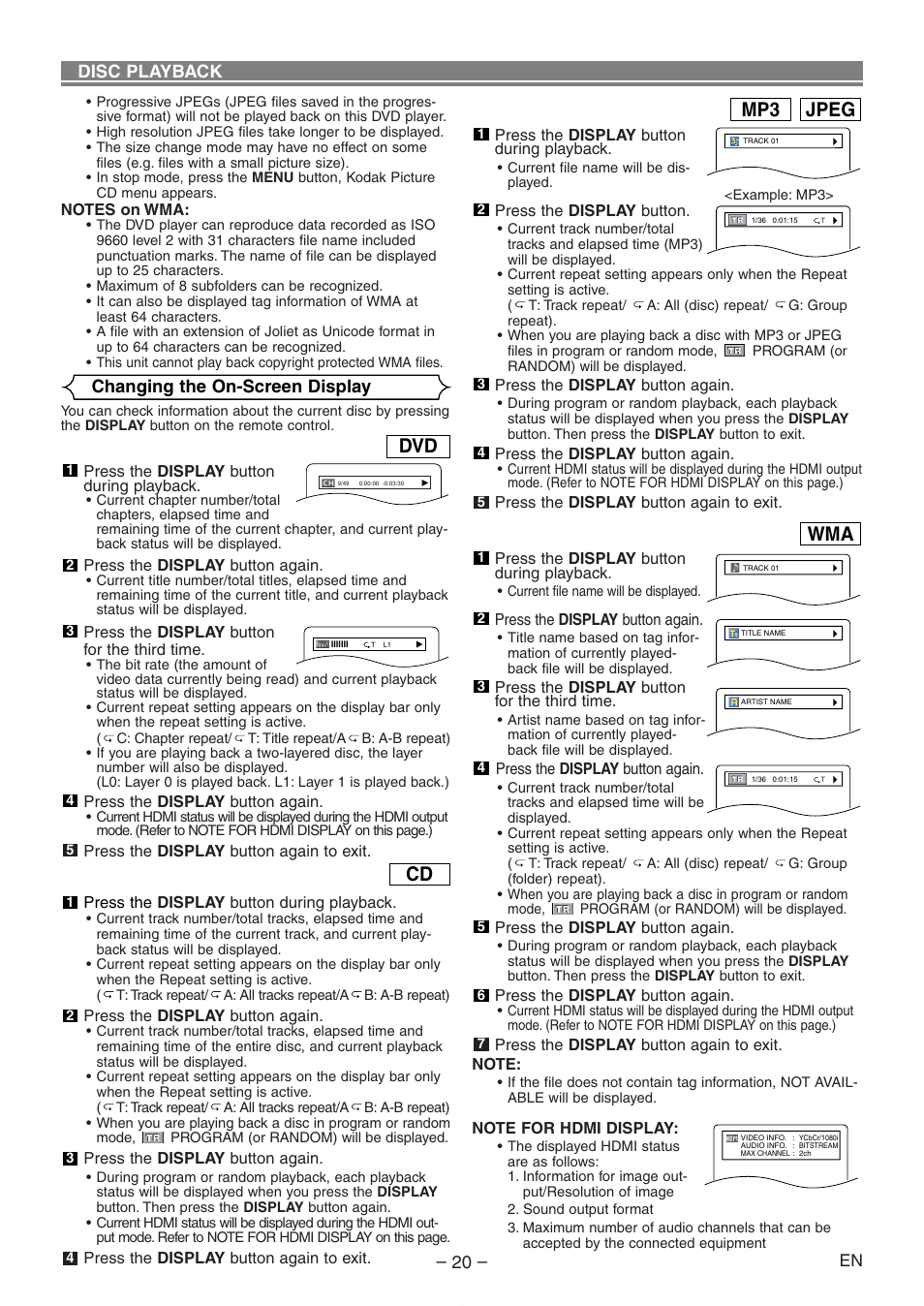 Jpeg mp3, Disc playback, Changing the on-screen display | Denon DVD-558 User Manual | Page 21 / 29